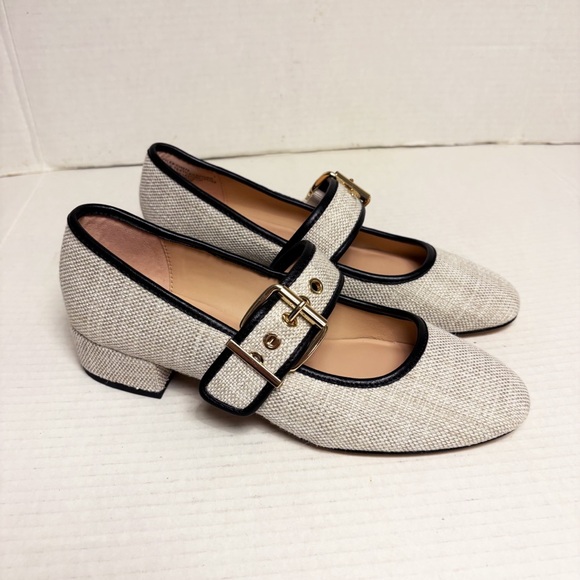 NWOB J. Crew Teagan Mary Jane Heels in Spanish Canvas Cream & Black - Picture 2 of 10